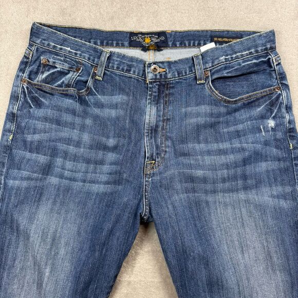 Lucky Brand Jeans Mens 38x30 Blue 181 Relaxed Straight Denim Pants Zip Distress - Picture 3 of 11